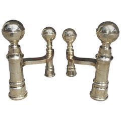 Antique Pair of American Brass Ball Top Andirons, Boston, Circa 1800