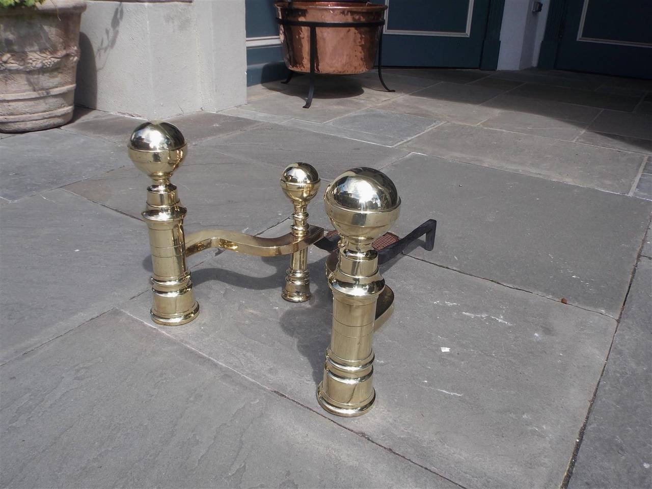 Pair of American Brass Ball Top Andirons, Boston, Circa 1800 In Excellent Condition For Sale In Hollywood, SC