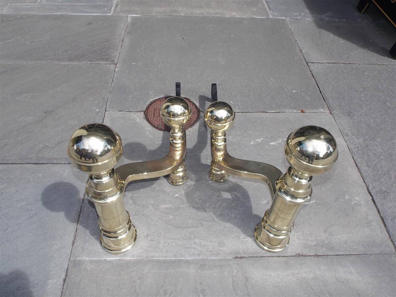American Colonial Pair of American Brass Ball Top Andirons, Boston, Circa 1800 For Sale