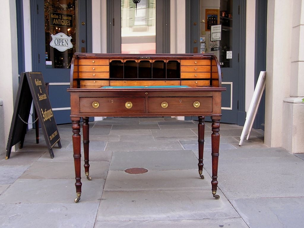 George III English Mahogany and Satinwood Sheraton Tambour Desk. Circa 1815