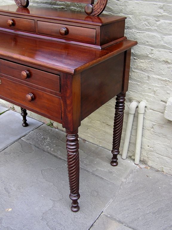 Hand-Carved Caribbean Mahogany Five Drawer Dressing Table with Barley Twist Legs. Circa 1815
