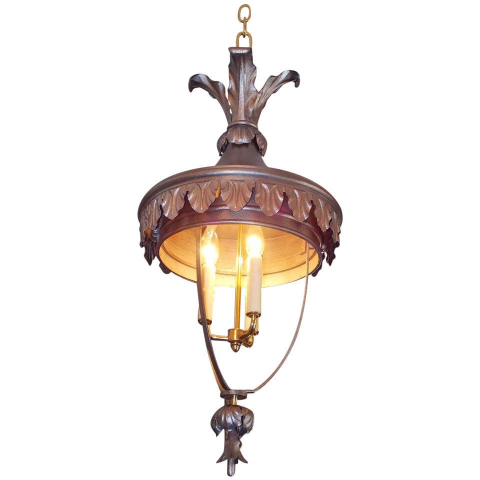 Italian Polished Steel and Brass Hanging Lantern For Sale