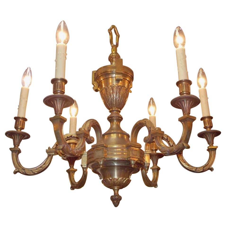 French Gilt Bronze Central Urn Finial Six Arm Acanthus Foliage Chandelier C 1840 For Sale