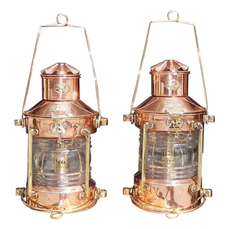 Pair of Copper and Brass Neptune Anchor Lanterns. Early 20th Century at