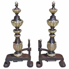 Pair of American Bronze and Brass Tiered  Andirons, New York, Early 20th Century