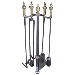 Set of American Wrought Iron and Brass Fire Tools on Stand, Circa 1820