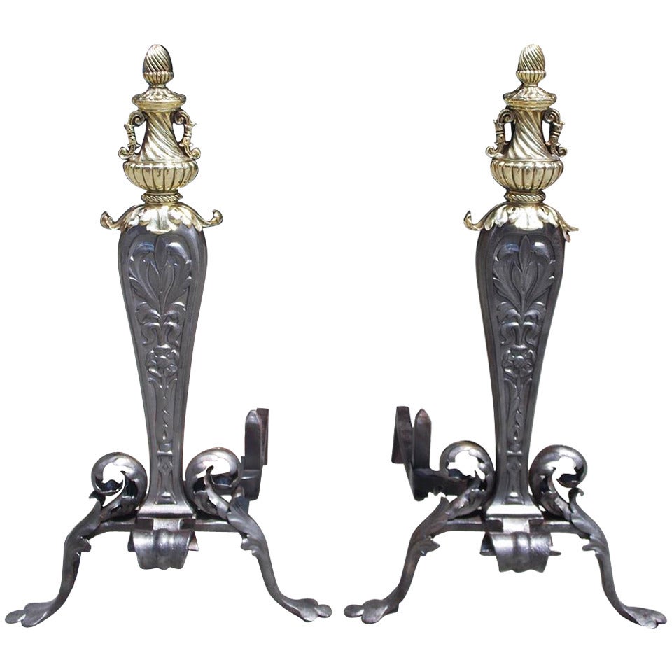 Pair of Italian Wrought Iron and Brass Acanthus Andirons, Circa 1810
