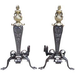 Antique Pair of Italian Wrought Iron and Brass Acanthus Andirons, Circa 1810