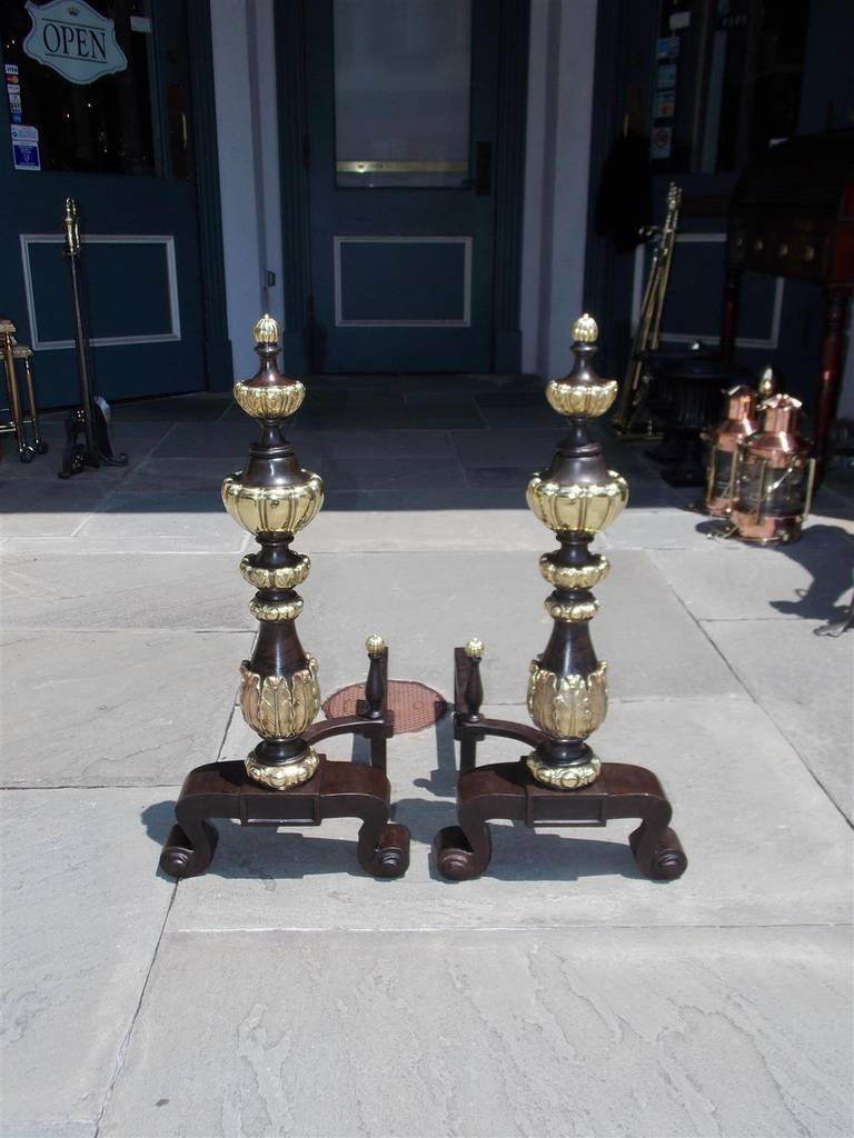 Pair of American Bronze and Brass Tiered  Andirons, New York, Early 20th Century In Excellent Condition In Hollywood, SC