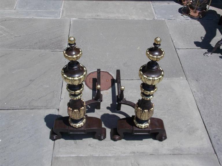 Pair of American Bronze and Brass Tiered  Andirons, New York, Early 20th Century 1