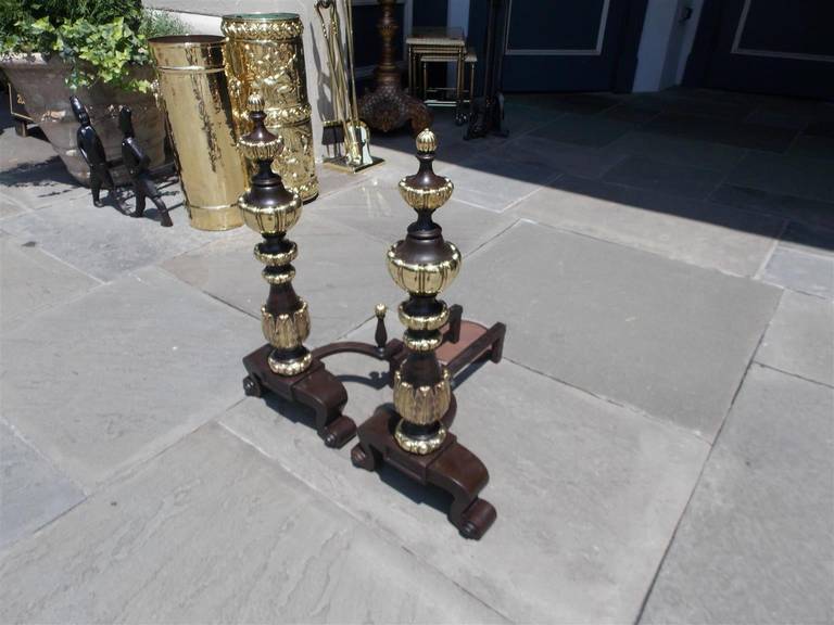 Pair of American Bronze and Brass Tiered  Andirons, New York, Early 20th Century 3