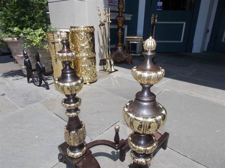 Pair of American Bronze and Brass Tiered  Andirons, New York, Early 20th Century 4