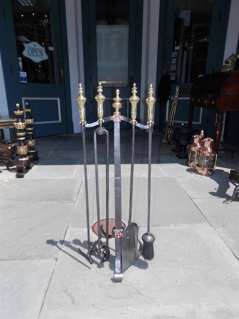 Set of American Wrought Iron and Brass Fire Tools on Stand, Circa 1820 In Excellent Condition In Hollywood, SC