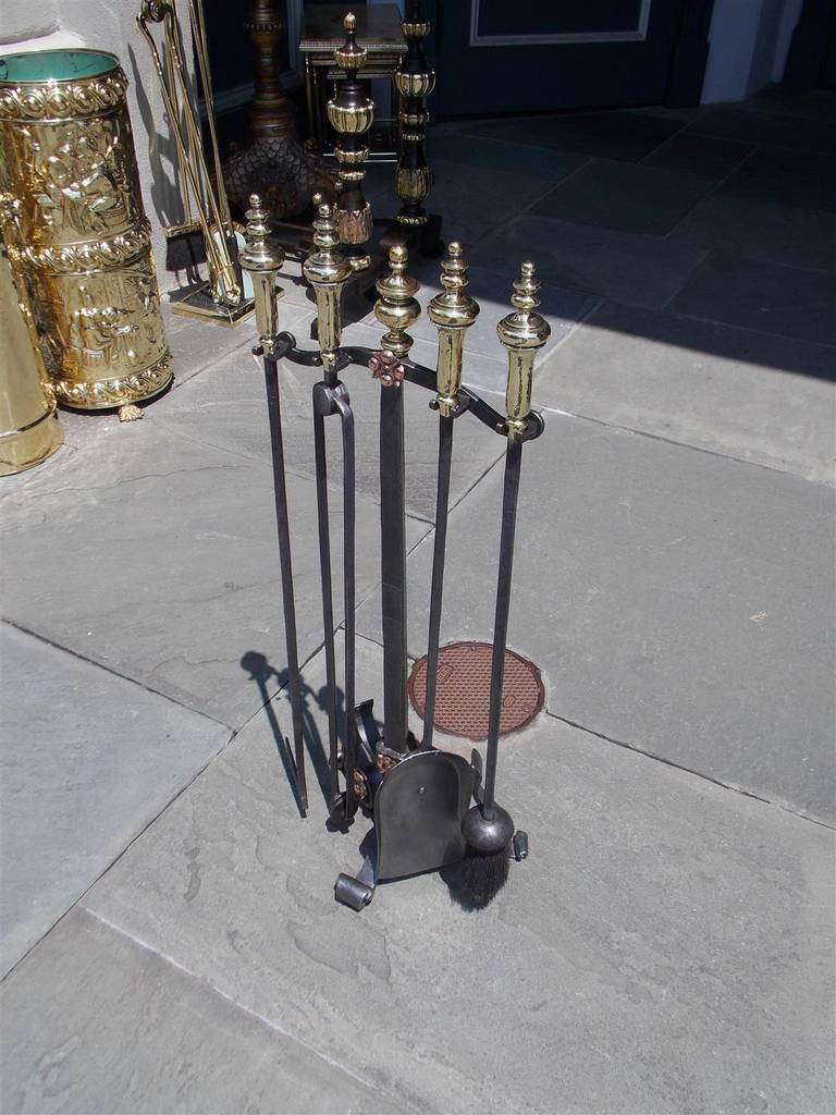 Set of American Wrought Iron and Brass Fire Tools on Stand, Circa 1820 1