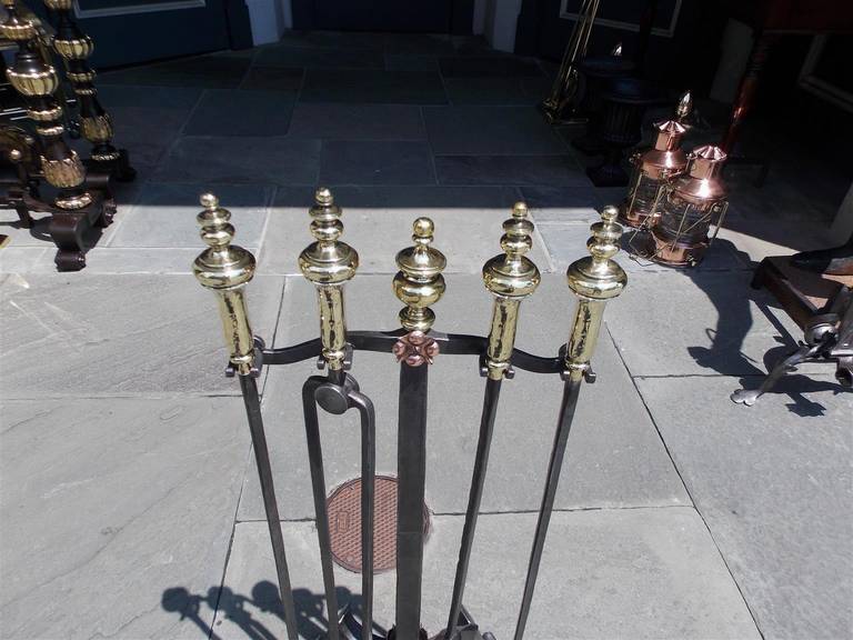 Set of American Wrought Iron and Brass Fire Tools on Stand, Circa 1820 2