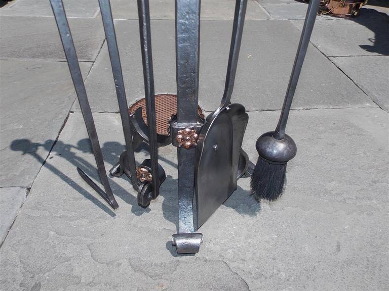 Set of American Wrought Iron and Brass Fire Tools on Stand, Circa 1820 3