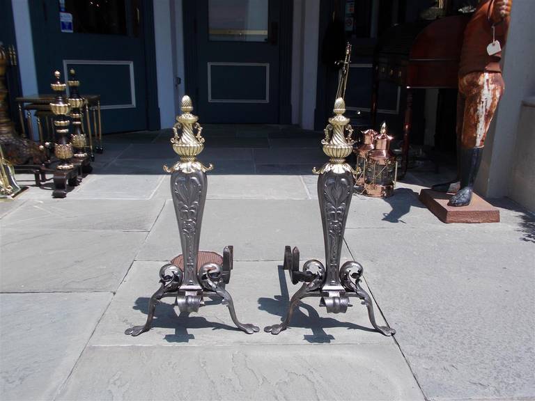 Pair of Italian Wrought Iron and Brass Acanthus Andirons, Circa 1810 In Excellent Condition For Sale In Hollywood, SC