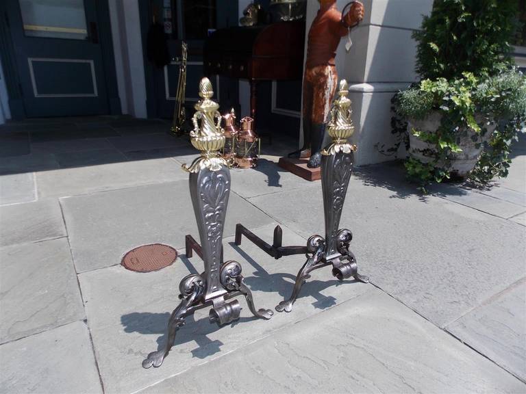 19th Century Pair of Italian Wrought Iron and Brass Acanthus Andirons, Circa 1810 For Sale