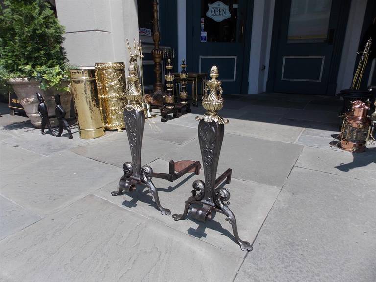 Pair of Italian Wrought Iron and Brass Acanthus Andirons, Circa 1810 For Sale 1