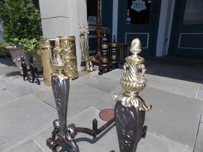 Pair of Italian Wrought Iron and Brass Acanthus Andirons, Circa 1810 For Sale 2
