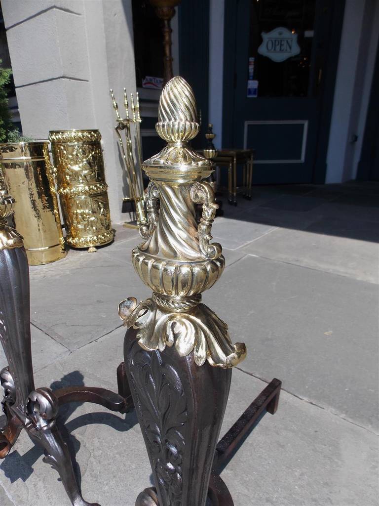 Pair of Italian Wrought Iron and Brass Acanthus Andirons, Circa 1810 For Sale 3