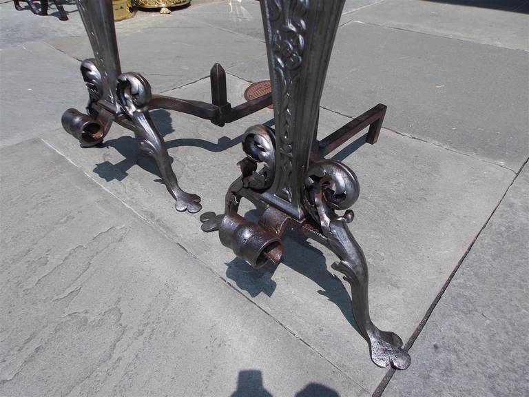 Pair of Italian Wrought Iron and Brass Acanthus Andirons, Circa 1810 For Sale 4