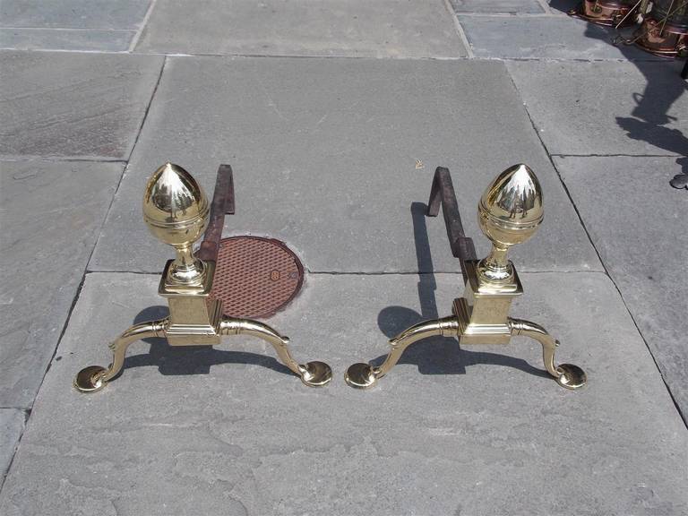 18th Century and Earlier Pair of American Brass Acorn Andirons, Circa 1790, Philadelphia or Baltimore For Sale