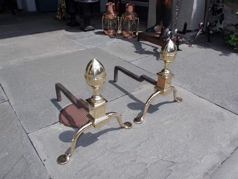 Pair of American Brass Acorn Andirons, Circa 1790, Philadelphia or Baltimore For Sale 1