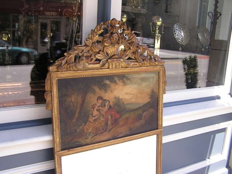 Louis XVI French Figural Gilt Fruit & Foliage Basket Landscape Trumeau Wall Mirror, C 1780 For Sale