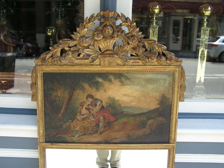 French Figural Gilt Fruit & Foliage Basket Landscape Trumeau Wall Mirror, C 1780 In Excellent Condition For Sale In Hollywood, SC