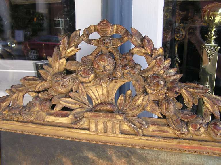 Gesso French Figural Gilt Fruit & Foliage Basket Landscape Trumeau Wall Mirror, C 1780 For Sale