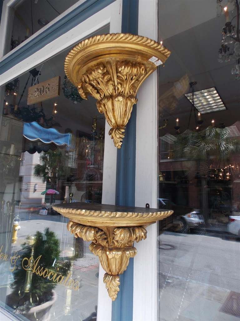 Pair of English Gilt Wood and Gesso Gadrooned Acanthus Wall Brackets. C. 1810 In Excellent Condition In Hollywood, SC