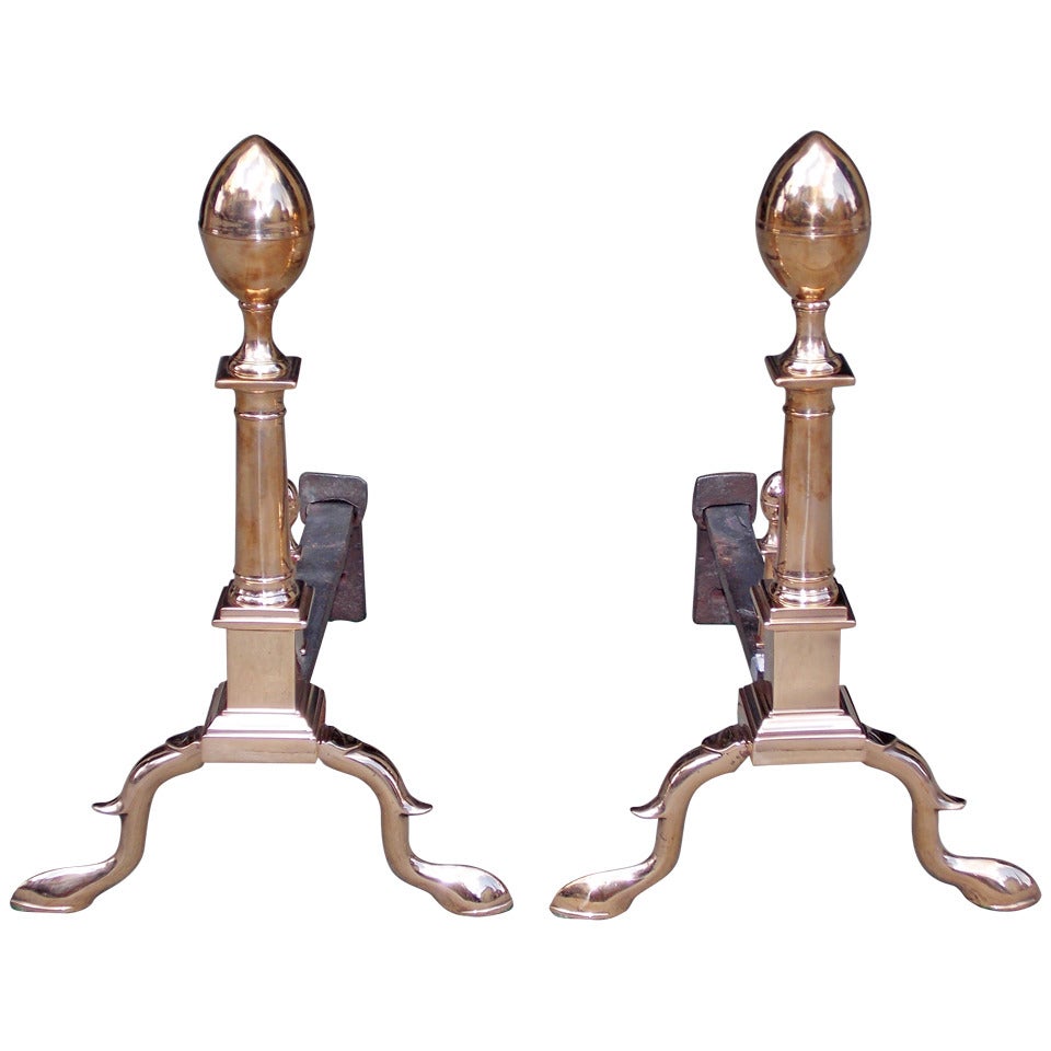 Pair of American Lemon Top Andirons  Boston, Howes Co. For Sale