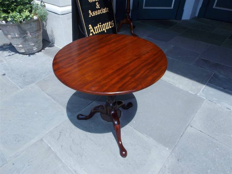 Table à thé à plateau basculant en acajou Charleston, avec cage d'oiseau, piédestal en spirale à bulbe tourné, terminant sur une base tripode avec des pieds coussinets stylisés. Milieu du 18e siècle.