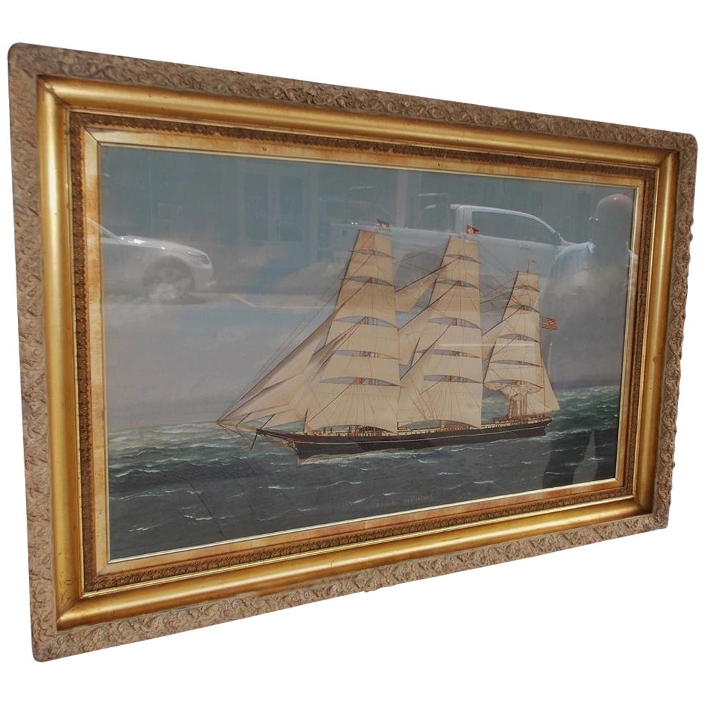 American Oil and Pastel Silk Clipper Ship. Red Jacket, 1850