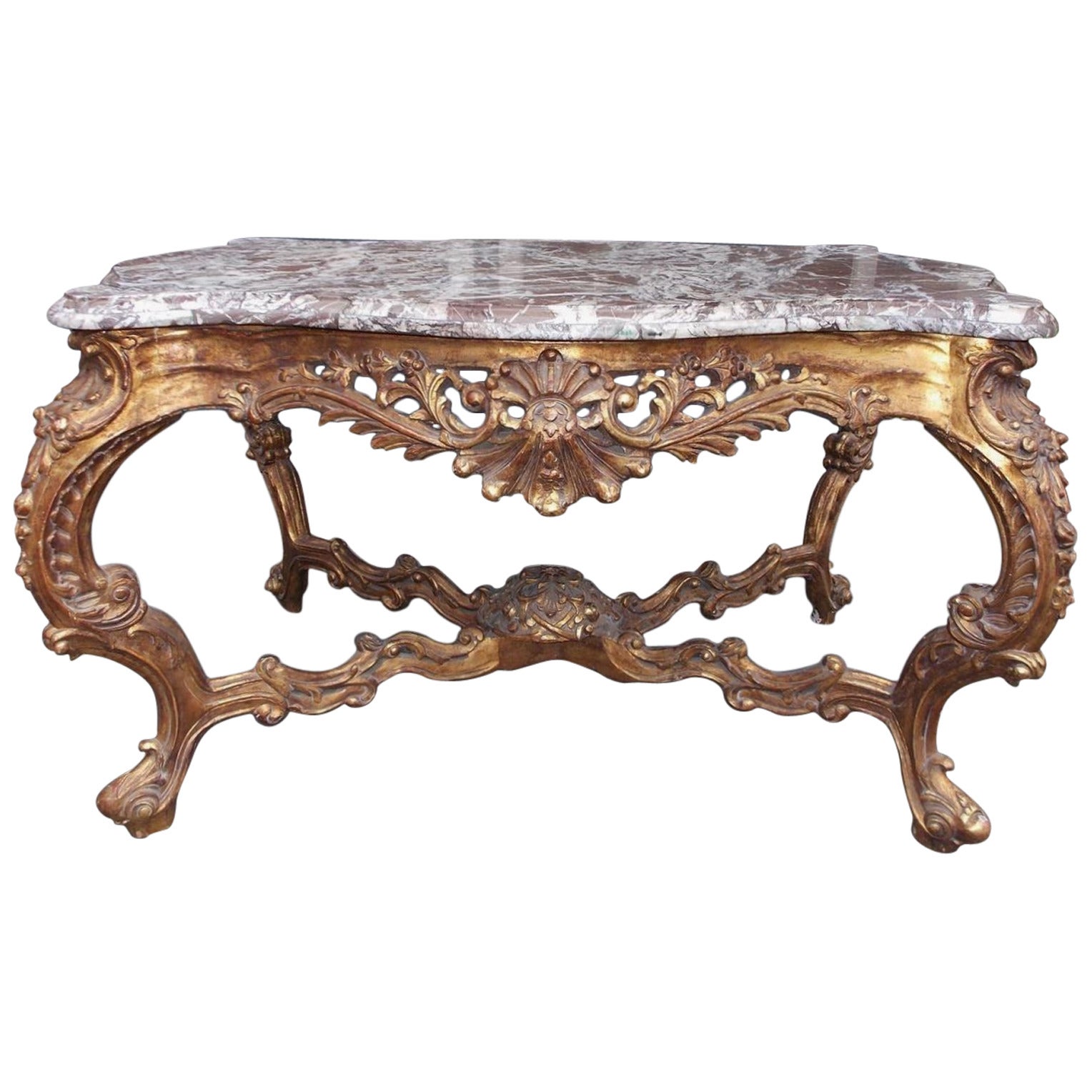 French Serpentine Marble-Top and Gilt Floral Center Table, Circa 1770 For Sale