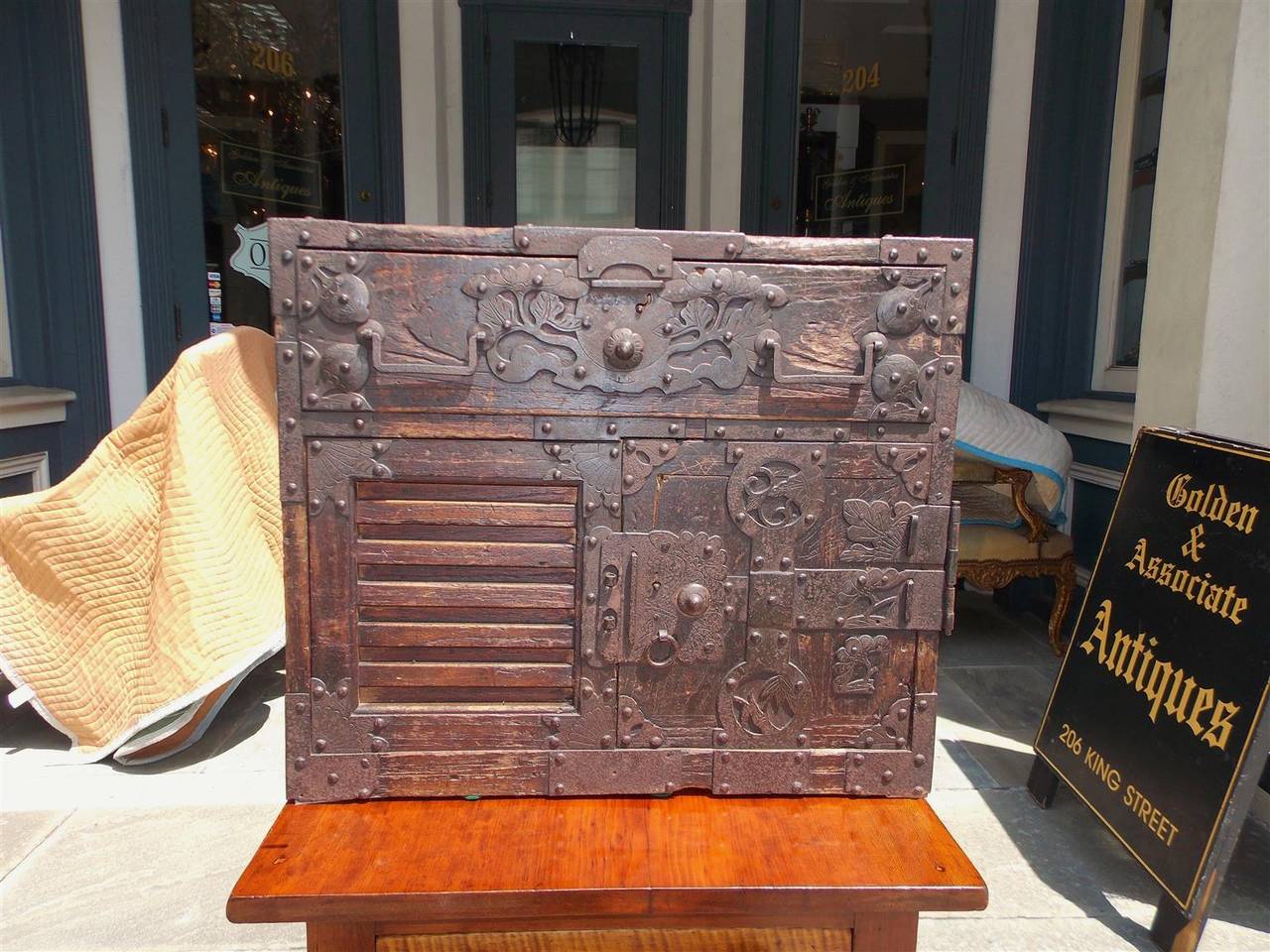 Japanese military Campaign traveling document box with fitted compartmentalized interior drawers, original wrought iron mounts, side handles, and decorative Japanese writing, Late 18th century. Stand can be made to raise if desired.