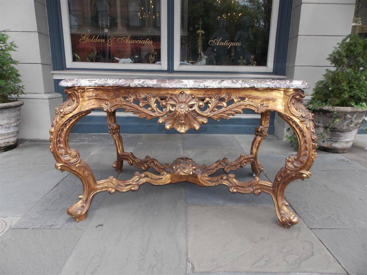 Louis XV French Serpentine Marble-Top and Gilt Floral Center Table, Circa 1770 For Sale