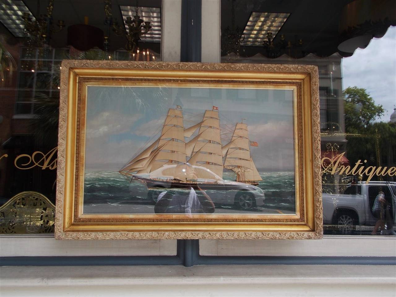 American Oil and Pastel Silk Clipper Ship. Red Jacket, 1850 In Excellent Condition In Hollywood, SC