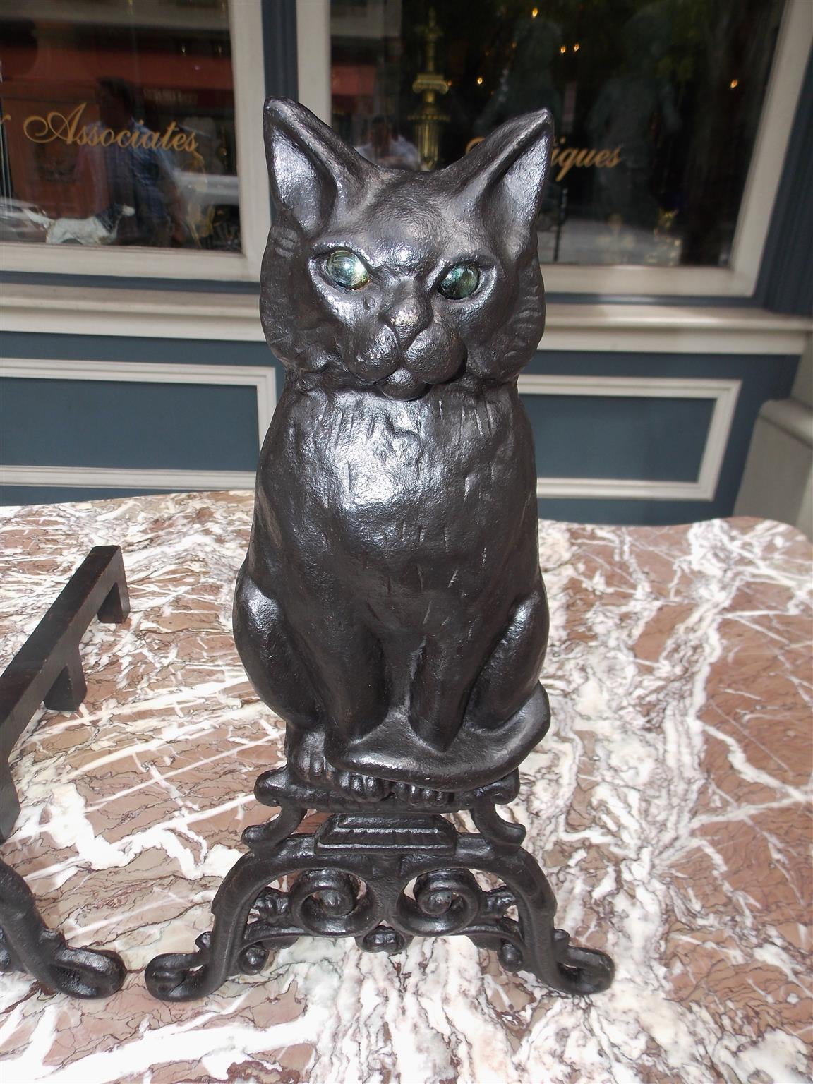 American Cast Iron Cat Andirons with Original Glass Eyes, Circa 1850 In Excellent Condition In Hollywood, SC