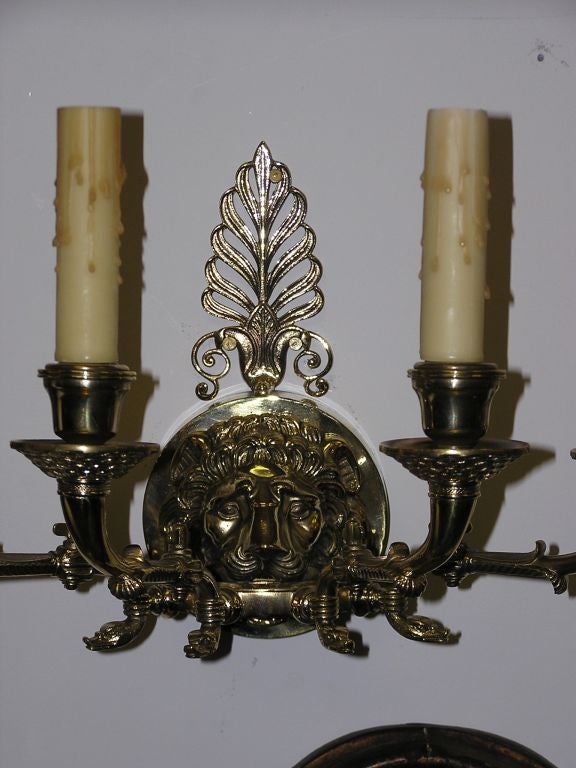 Cast Pair of English Brass Lion Mask Filigree Four Arm Sconces, Orig. Gas, C. 1820