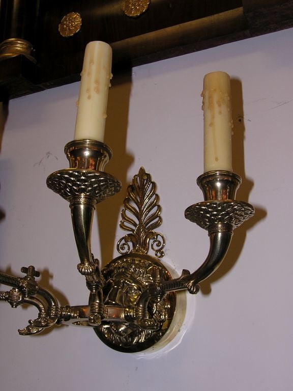 Pair of English Brass Lion Mask Filigree Four Arm Sconces, Orig. Gas, C. 1820 In Excellent Condition In Hollywood, SC