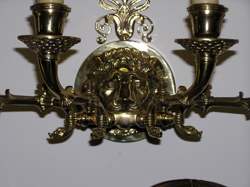 Early 19th Century Pair of English Brass Lion Mask Filigree Four Arm Sconces, Orig. Gas, C. 1820