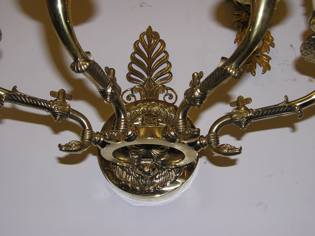 Pair of English Brass Lion Mask Filigree Four Arm Sconces, Orig. Gas, C. 1820 1