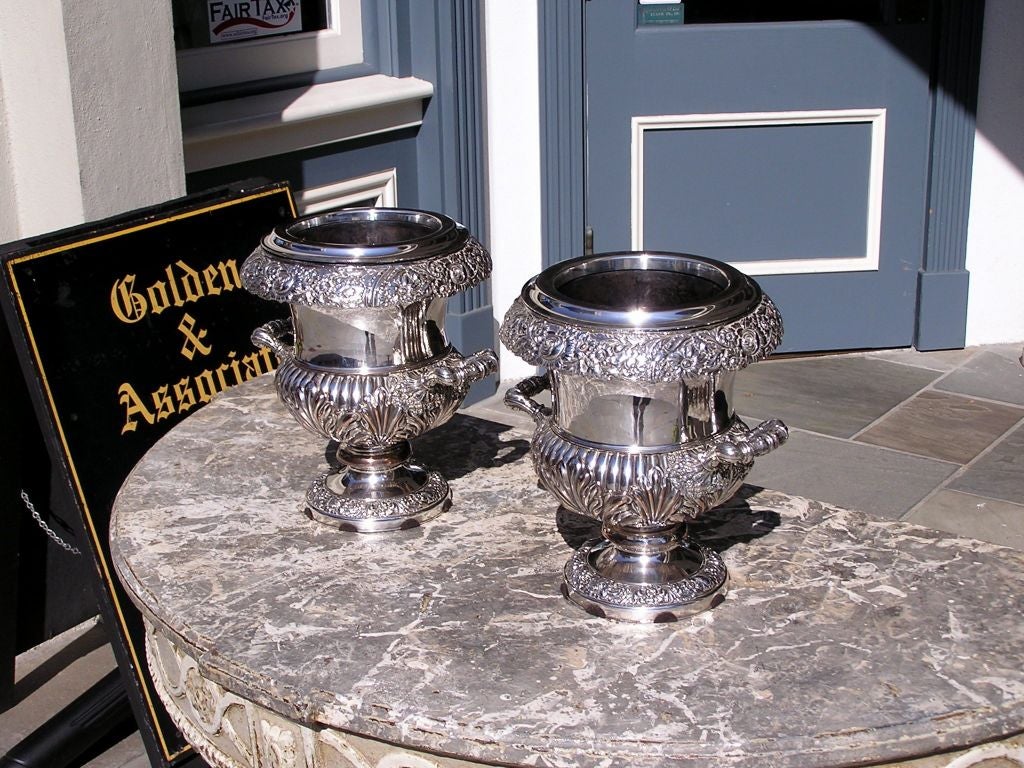 Cast Pair of English Sheffield Foliage Engraved Wine Coolers, Late 18th Century For Sale