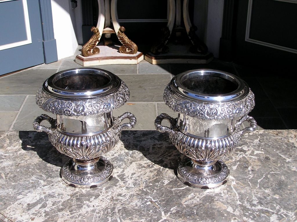 Pair of English Sheffield Foliage Engraved Wine Coolers, Late 18th Century In Excellent Condition For Sale In Hollywood, SC