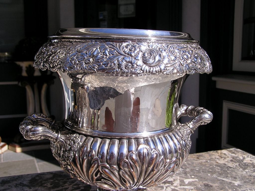 Silver Pair of English Sheffield Foliage Engraved Wine Coolers, Late 18th Century For Sale