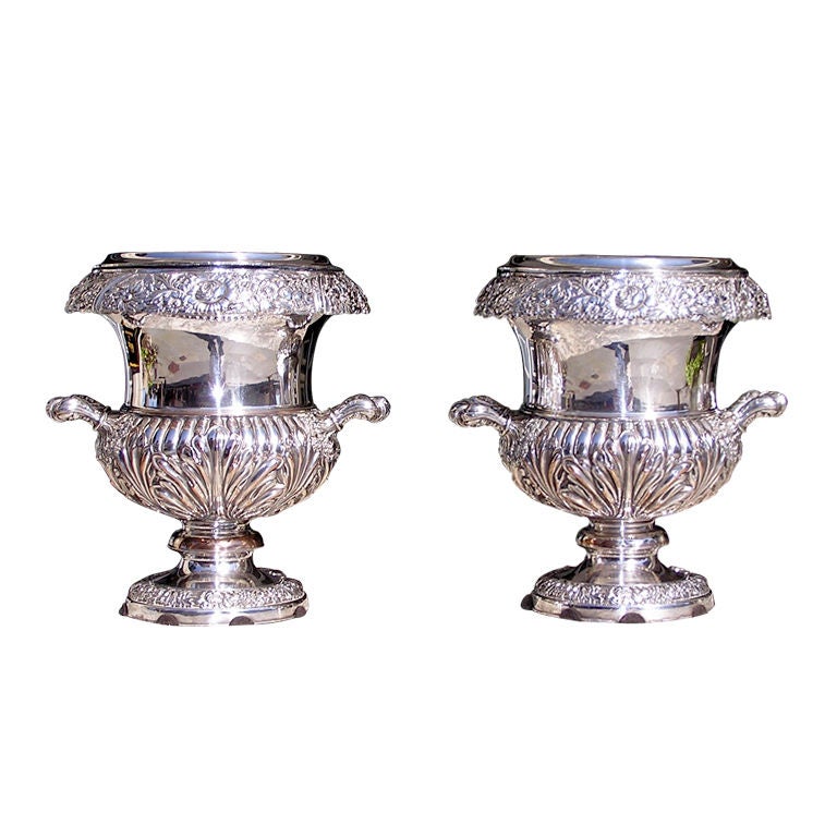 Pair of English Sheffield Foliage Engraved Wine Coolers, Late 18th Century For Sale