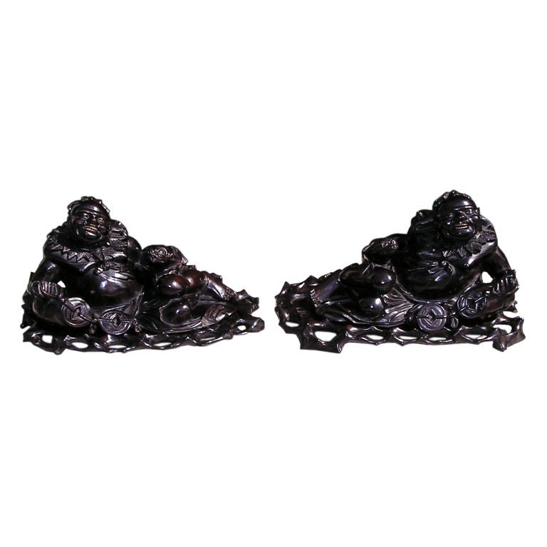 Pair of Carved Hotei Figures. 19th Century