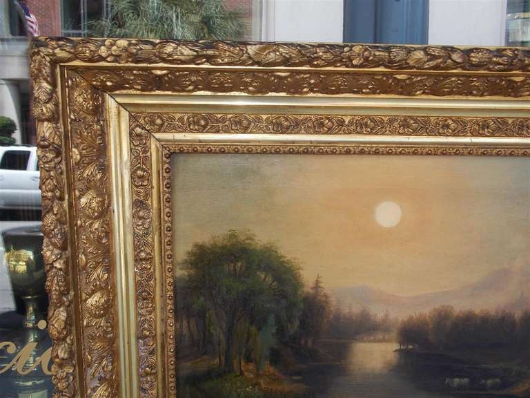 American Empire American Oil on Canvas Landscape in the Original Floral Gilt Frame. Circa 1850 For Sale